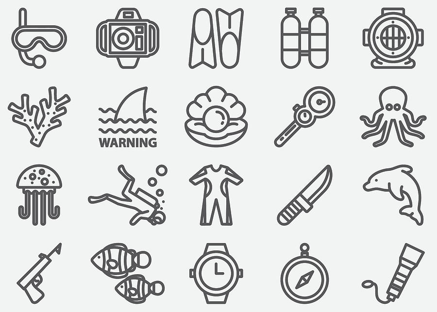 Scuba And Diving Line Icons Drawing by LueratSatichob