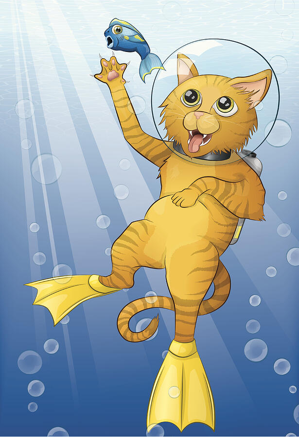 Scuba Cat Drawing by AshleyMillerDesigns