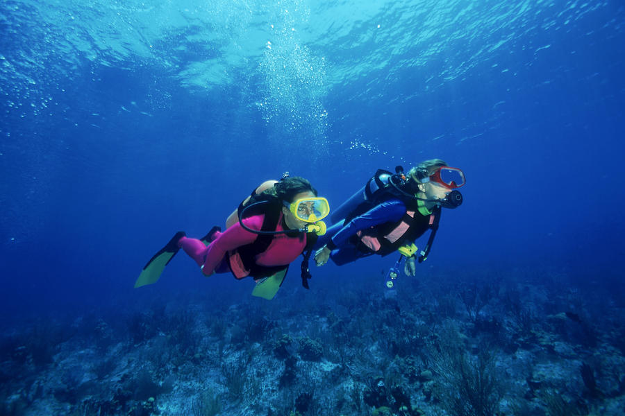 Scuba divers over shallow reefs , Caribbean Photograph by Comstock