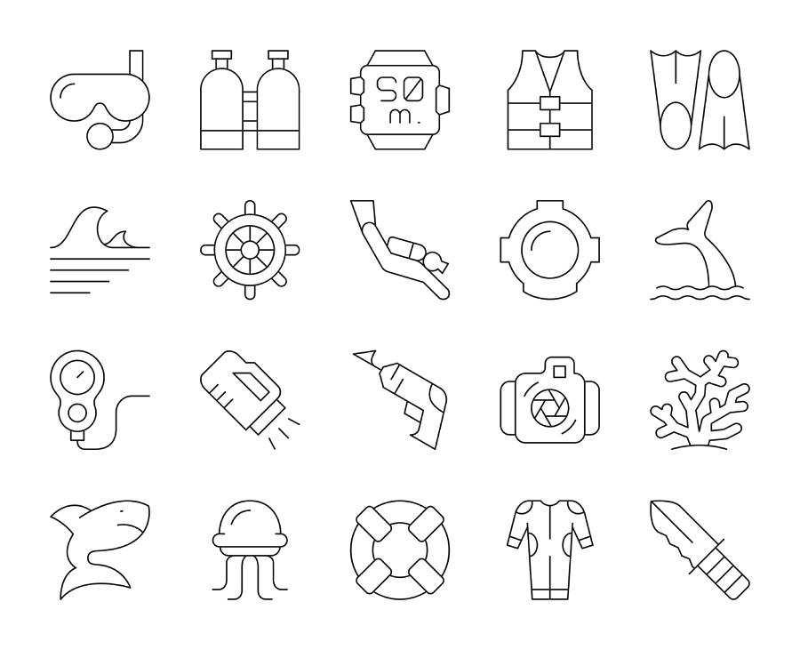 Scuba Diving and Snorkeling - Thin Line Icons Drawing by Rakdee