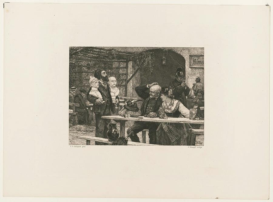Sculptor holding two busts for a couples inspection at a beer garden Photograph by Popular Art