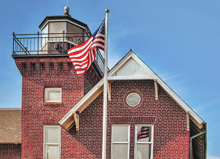 Sea Girt Lighthouse Flag And Window Reflection Photograph by Gary Slawsky