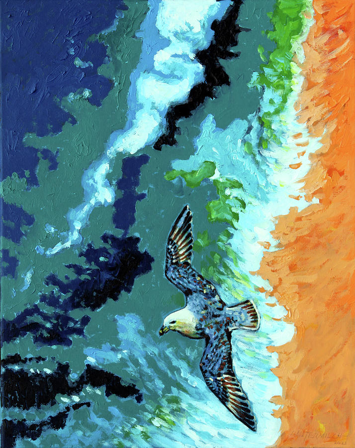 Sea Gull Over Ocean Painting by John Lautermilch