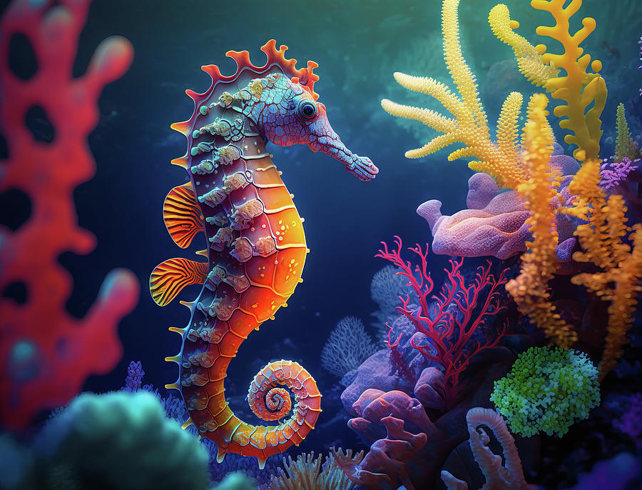 Sea horse in vibrant coral reef Digital Art by Karen Foley