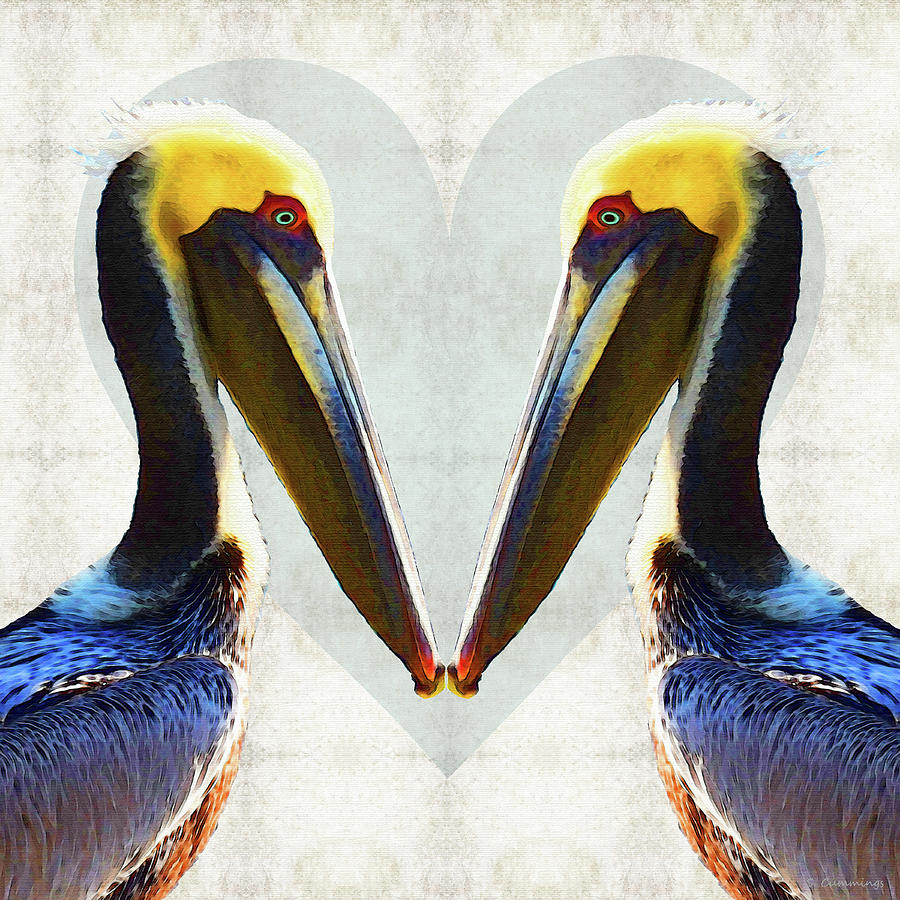 Sea Lovers - Beach Pelican Bird Art Painting by Sharon Cummings