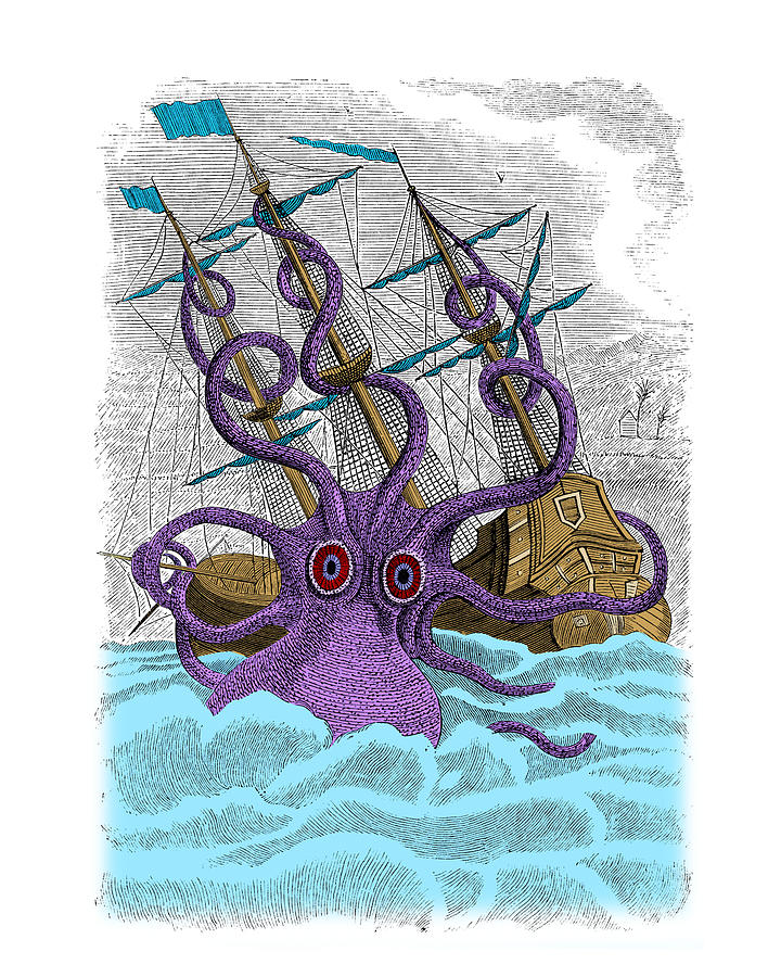 Kraken Digital Art - Sea monster with ship by Madame Memento