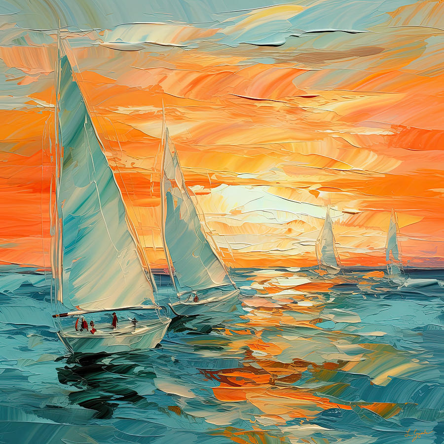 Sea of Turquoise and Orange - Sailing Art - Orange and Turquoise Art - Sailboats Art Painting by Lourry Legarde