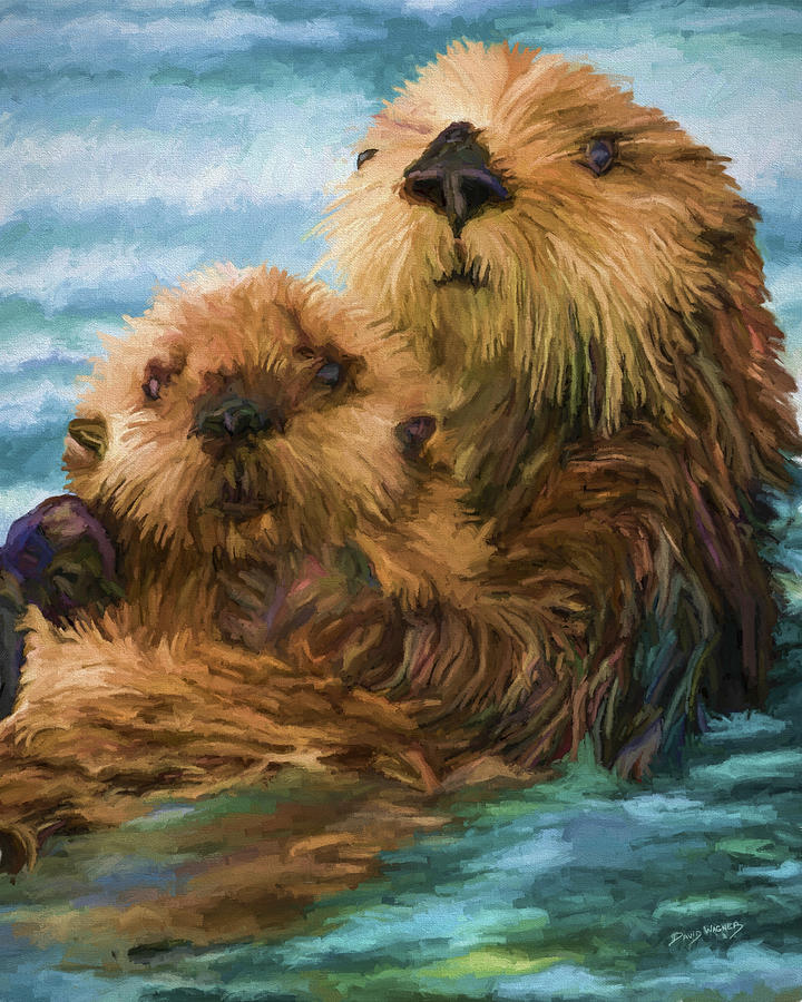 Sea Otter Mom and Pup Painting by David Wagner