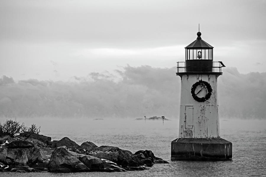 Sea Smoke on a Frigid Day on Winter Island Salem MA Pickering Light Black and White Photograph by Toby McGuire