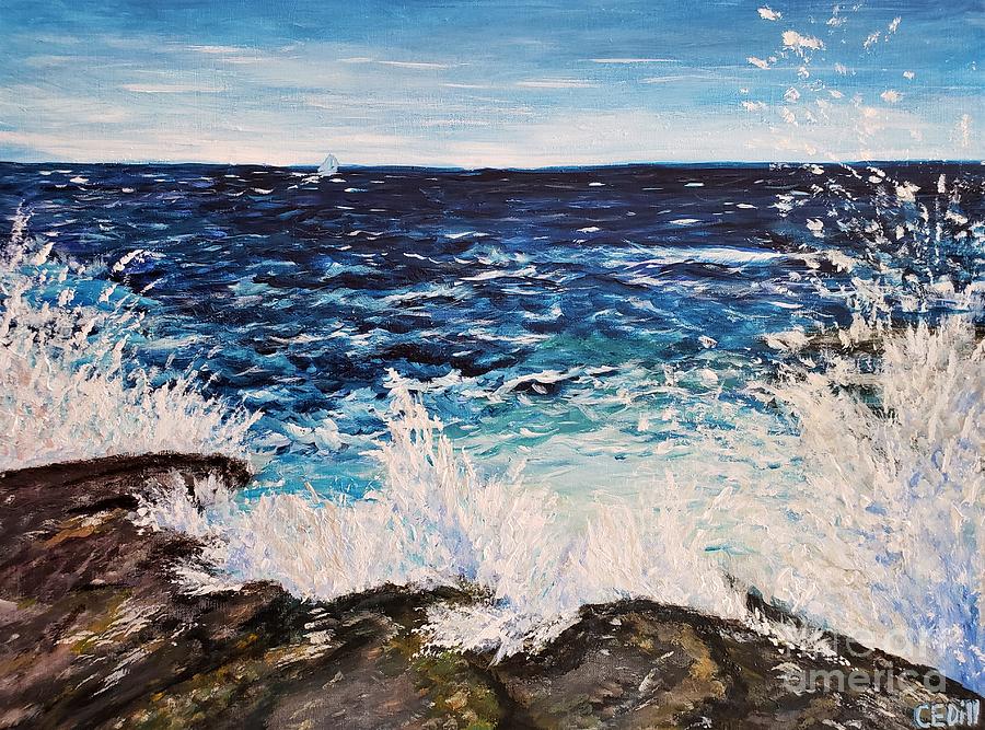 Sea spray and waves at Brenton Point State Park, Newport, Rhode Island Painting by C E Dill