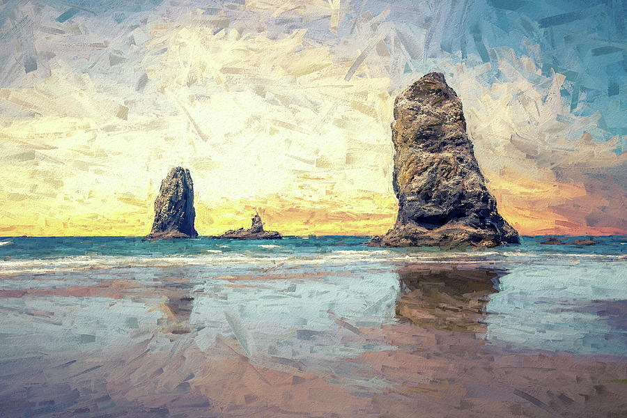 Nature Mixed Media - Sea Stacks At Cannon Beach Painterly Style by Joseph S Giacalone