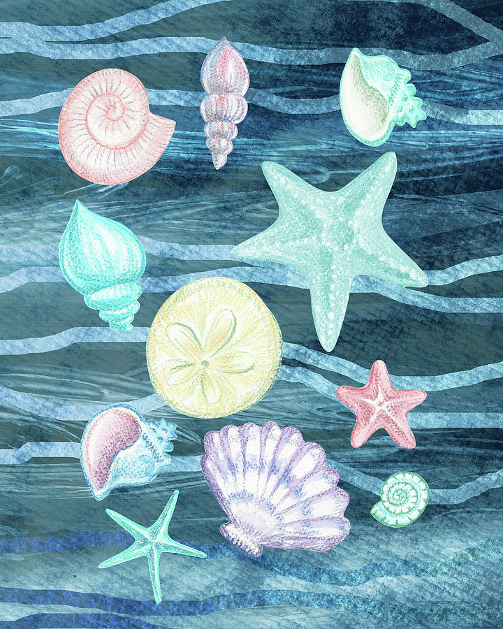 Sea Stars And Shells On Blue Waves Watercolor Beach Art Collection I  Painting by Irina Sztukowski