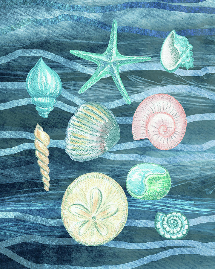 Still Life Painting - Sea Stars And Shells On Blue Waves Watercolor Beach Art Collection II by Irina Sztukowski