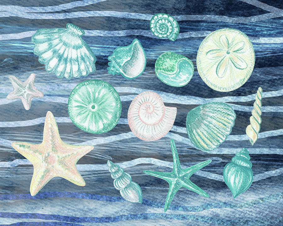 Sea Stars And Shells On Blue Waves Watercolor Beach Art Collection  Painting by Irina Sztukowski