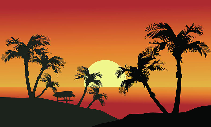 Sea Sunset With Island And Palm Trees And Hut Mixed Media By Julien 