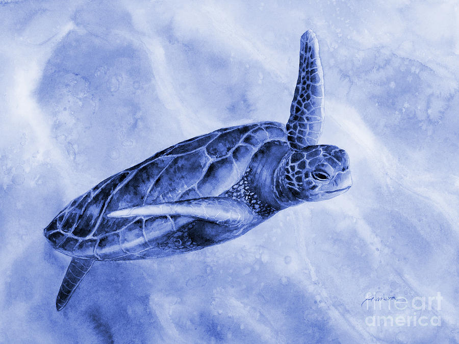Mono Painting - Sea Turtle 2 in Blue by Hailey E Herrera
