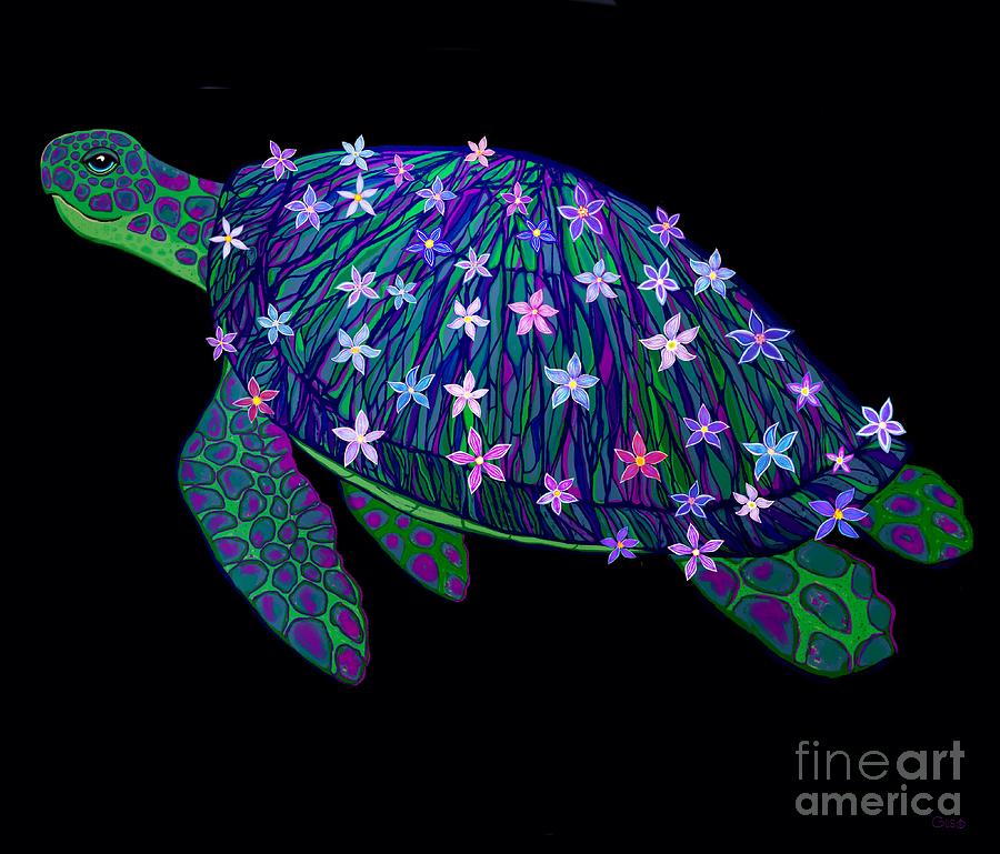Sea Turtle and Flowers  Digital Art by Nick Gustafson