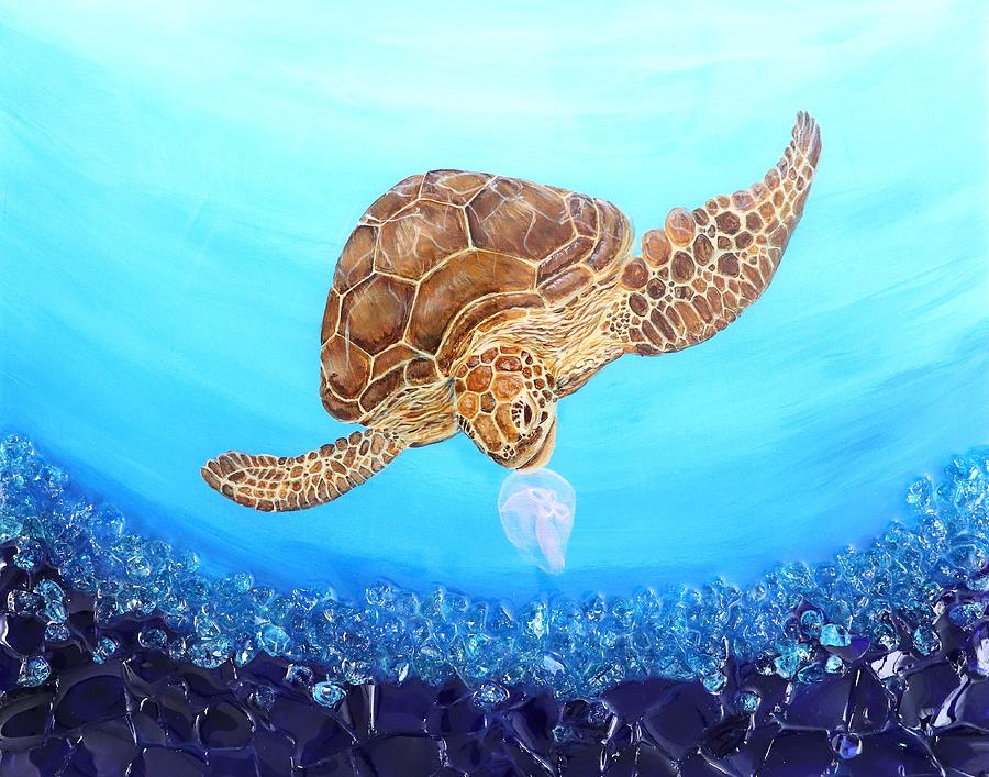 Sea Turtle and Jelly Mixed Media by Jenn C Lindquist