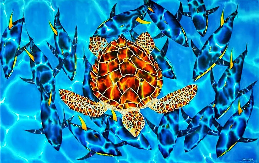 Sea Turtle and yellowfin Tuna Painting by Daniel Jean-Baptiste