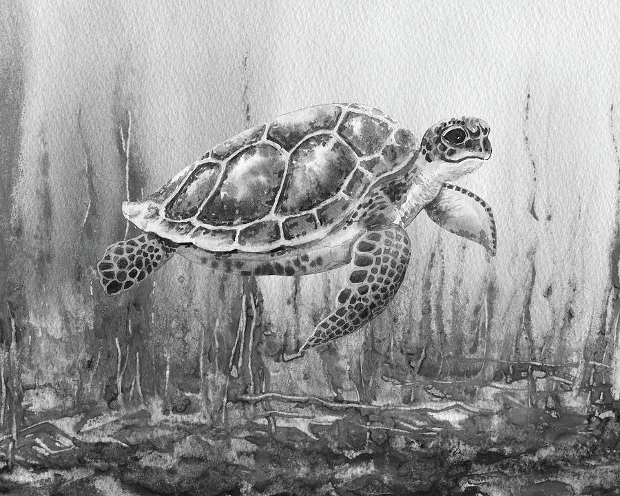 Sea Turtle Gray Watercolor Ocean Creature IX Painting by Irina Sztukowski