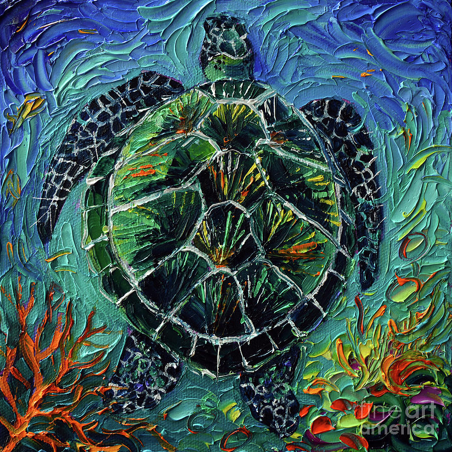 Turtle Painting - SEA TURTLE UNDERWATER II commissioned palette knife oil painting Mona Edulesco by Mona Edulesco