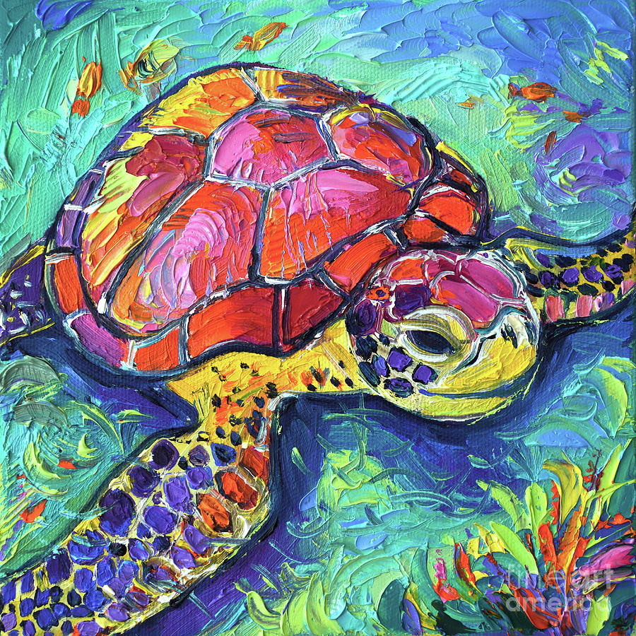 Turtle Painting - SEA TURTLE UNDERWATER III commissioned palette knife oil painting Mona Edulesco by Mona Edulesco