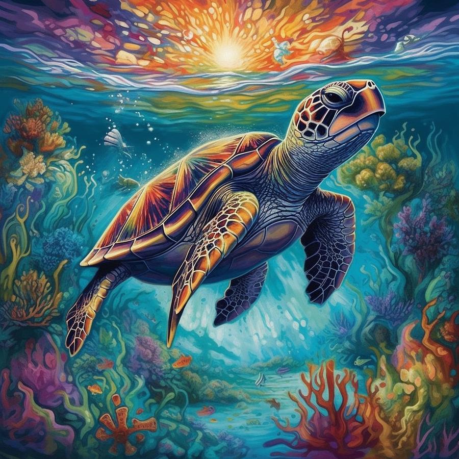 Sea turtle in ocean with reef vibrant colors Digital Art by Licensed ...