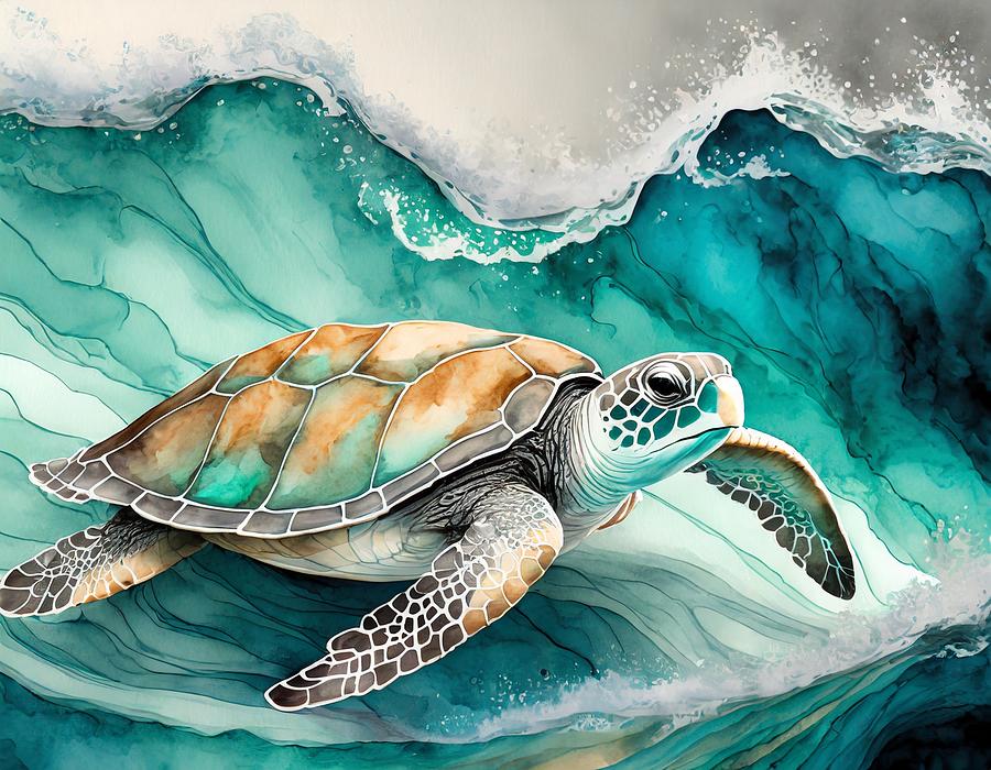 Sea Turtle in the Wave Mixed Media by Susan Rydberg