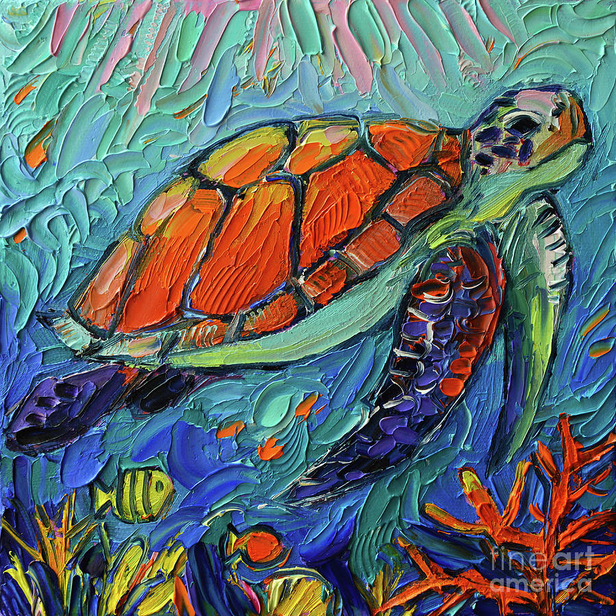 Turtle Painting - SEA TURTLE UNDERWATER IV commissioned palette knife oil painting Mona Edulesco by Mona Edulesco