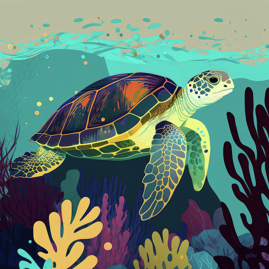 Sea Turtle Mid-mod Boho Fusion Digital Art By Durango Crow - Fine Art 