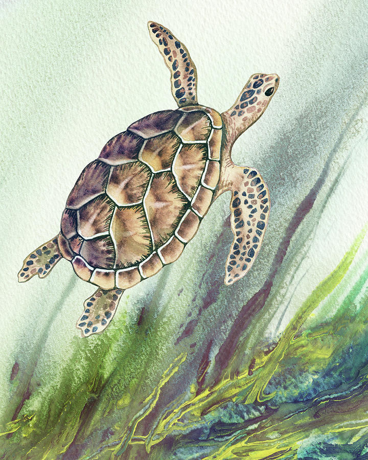 Sea Turtle Swimming With The Stream Watercolor Beach Life Art II Painting by Irina Sztukowski
