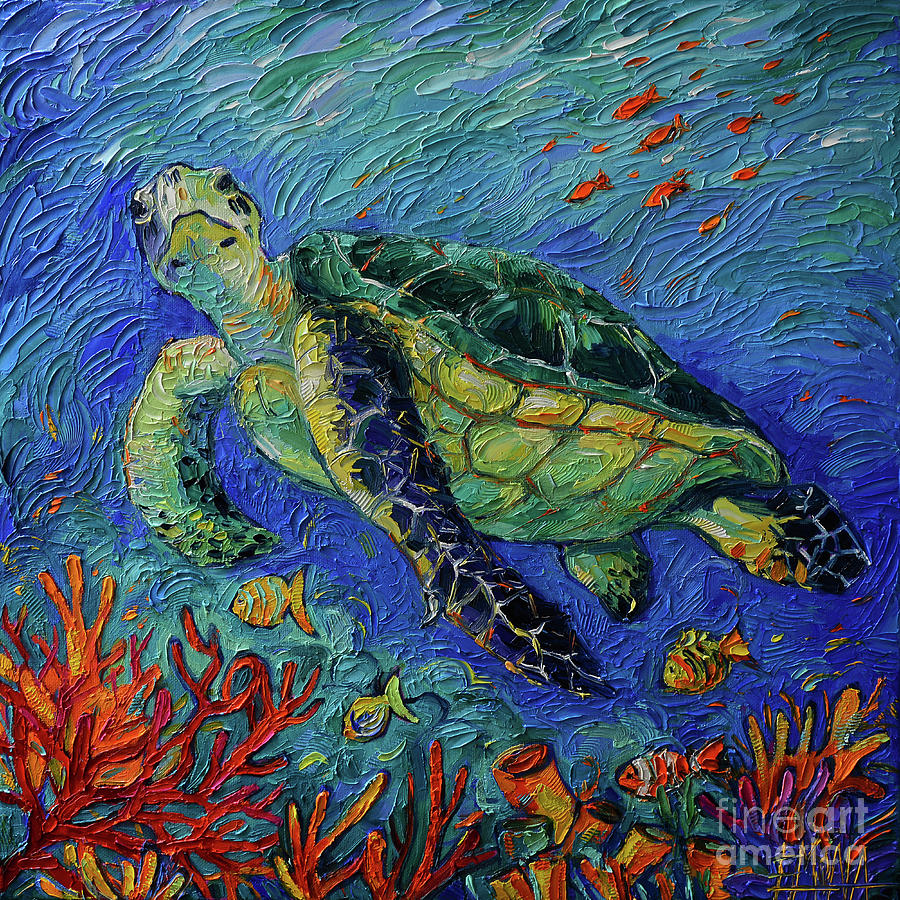 Turtle Painting - SEA TURTLE UNDERWATER I commissioned palette knife oil painting Mona Edulesco by Mona Edulesco