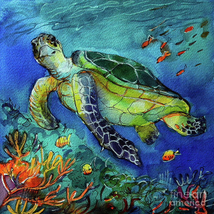 SEA TURTLE UNDERWATER watercolor painting Mona Edulesco Painting by Mona Edulesco
