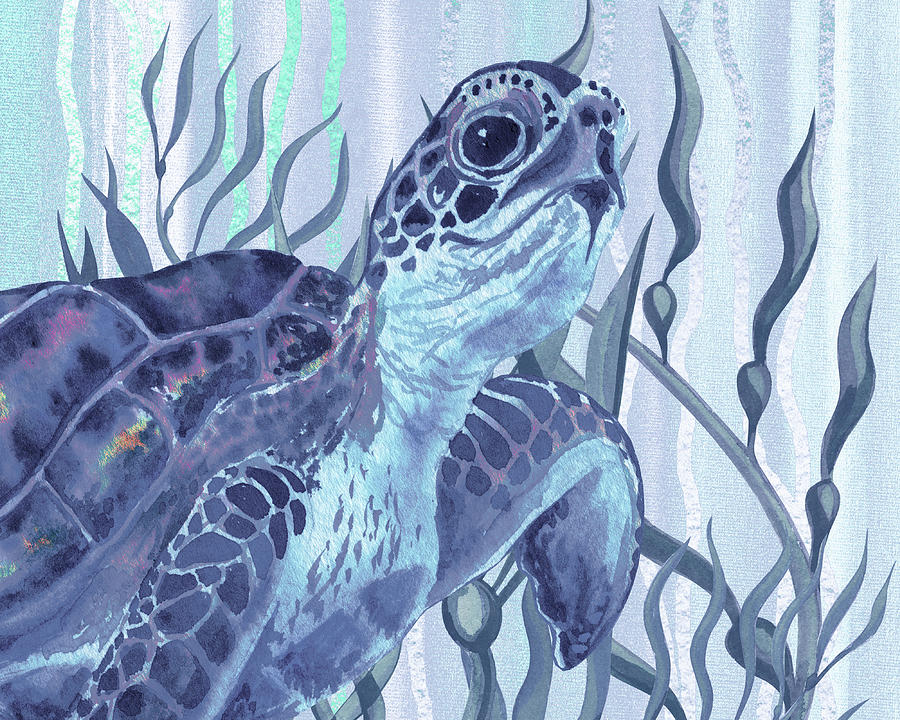 Sea Turtle Watercolor Beach Life Art Cool Blue Tones  Painting by Irina Sztukowski