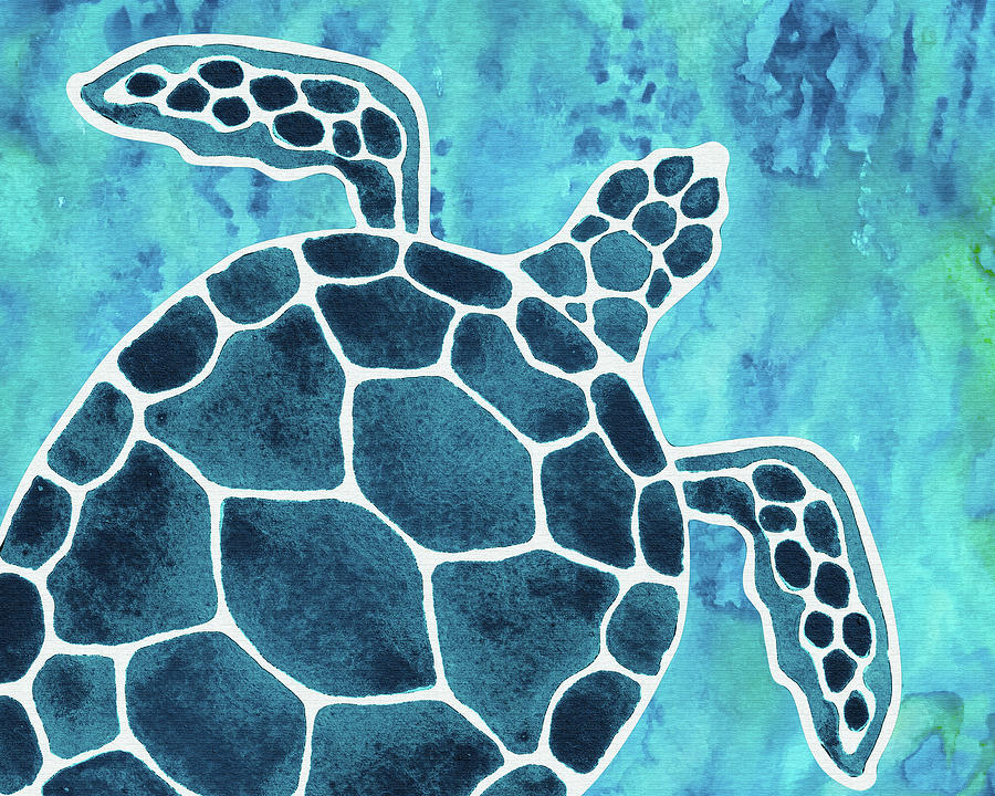 Sea Turtle Watercolor Beach Life Art Cool Indigo And Turquoise Tones Painting by Irina Sztukowski