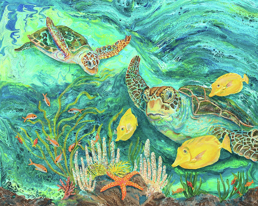 Sea Turtles and Tangs Painting by Pat St Onge