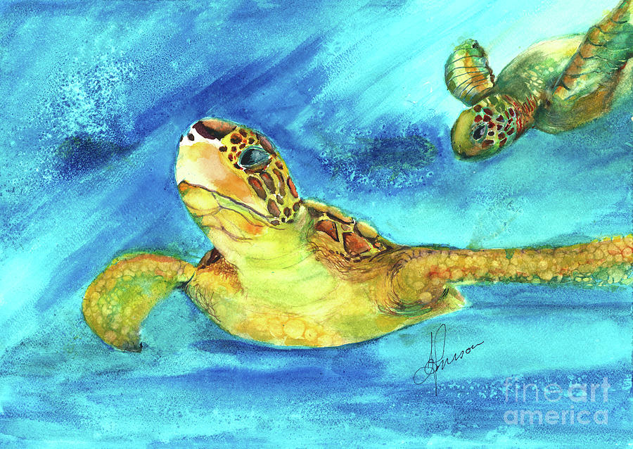 Sea Turtles Dive Beneath A Turquiose Sea Painting by Susan Blackaller-Johnson