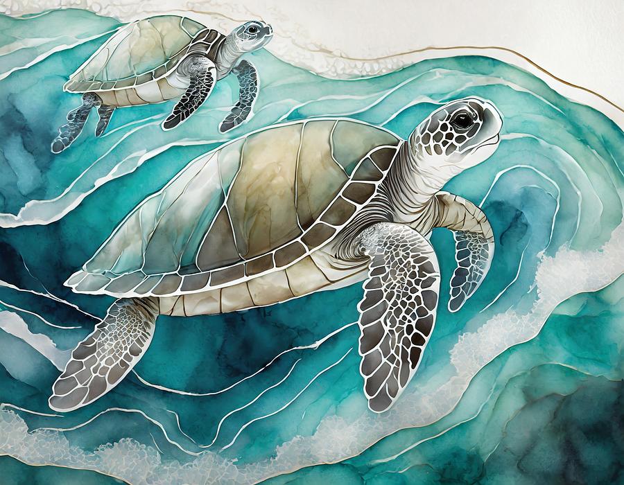 Sea Turtles in the Wave Mixed Media by Susan Rydberg