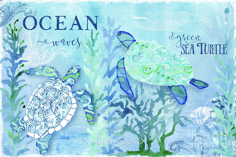 Sea Turtles Modern Sea Glass Colors Watercolor Painting by Audrey Jeanne Roberts