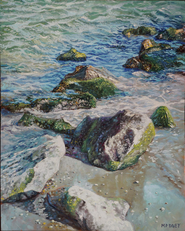 Beach Painting - Sea water with rocks on shore by Martin Davey