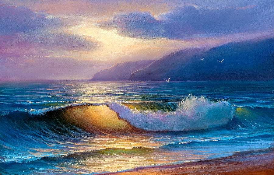 Sea Wave On The Beach At Sunset Time, Sun Rays, Painting By Oil On 