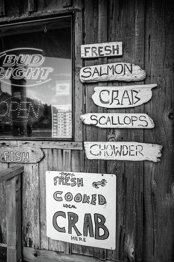 Seafood Signs at the Dock Black and White Photograph by Debra and Dave Vanderlaan