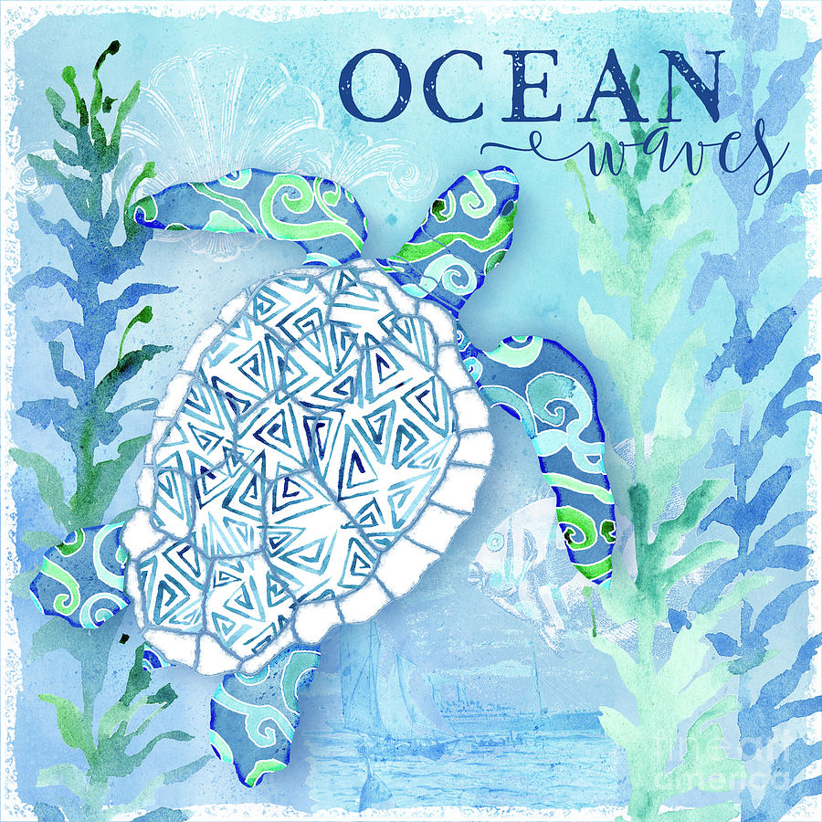 Sea Glass Turtle in Seaweed Ocean Waves Watercolor Painting by Audrey Jeanne Roberts