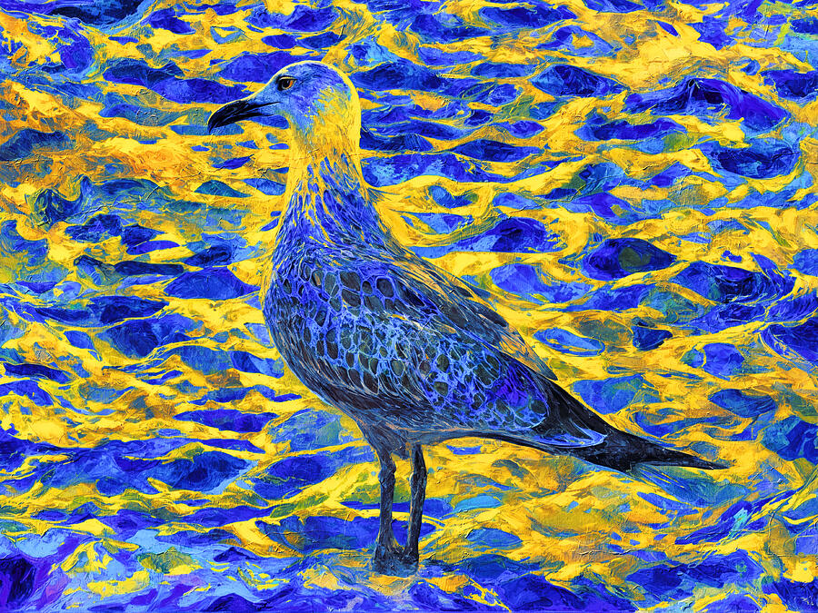 Seagull on the beach in high contrast blue and yellow digital painting Digital Art by Nicko Prints