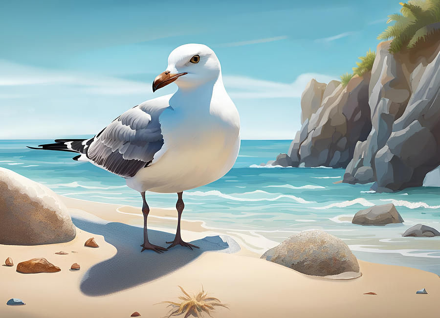 Seagull On The Sea Shore Digital Art