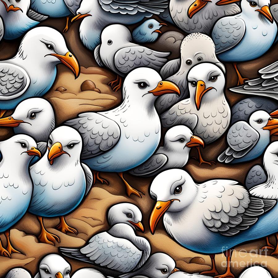 Bird Digital Art - Seagulls Gathering by Debra Miller