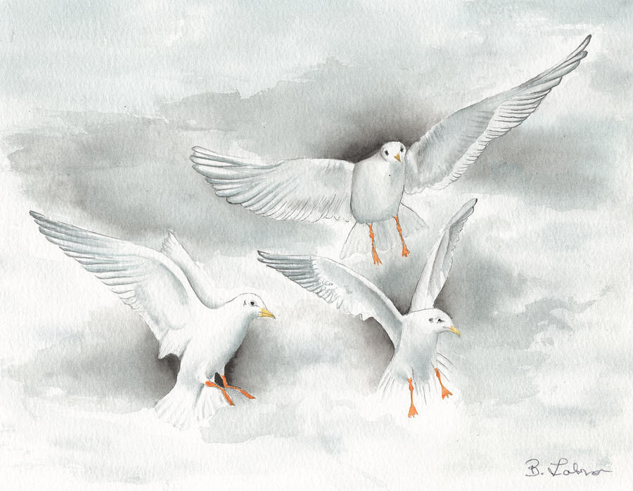 Seagulls in Flight Painting by Bob Labno