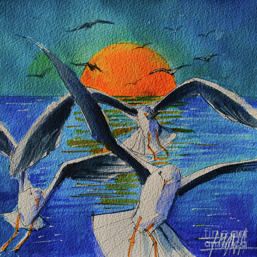 SEAGULLS IN FLIGHT commissioned watercolor painting Mona Edulesco Painting by Mona Edulesco