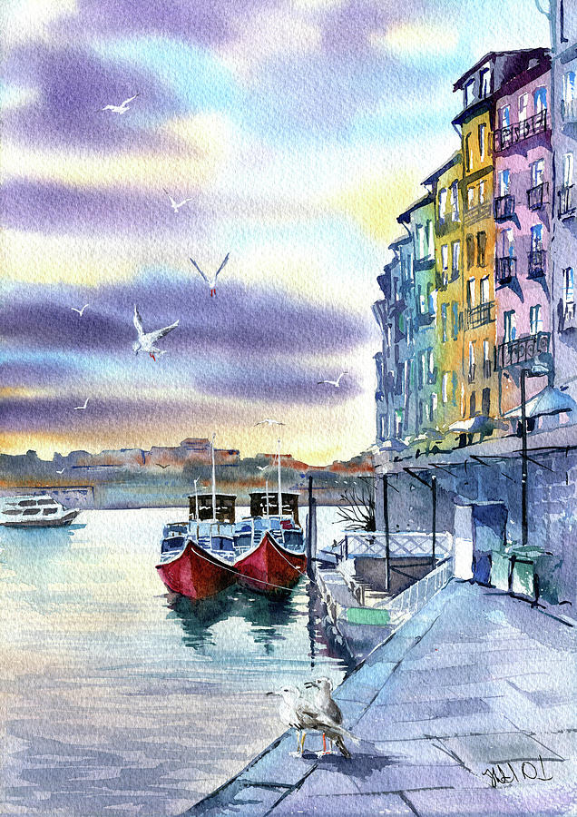 Seagulls Of Porto Portugal Painting Painting by Dora Hathazi Mendes