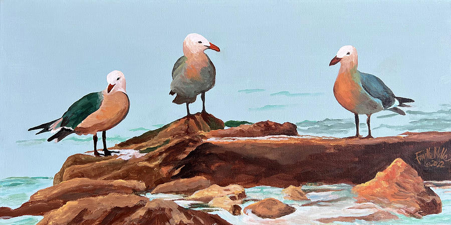 Bird Painting - Seagulls on the rocks by Faythe Mills